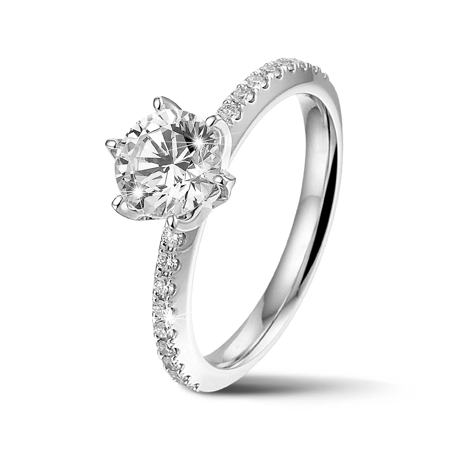0.50 quilates anillo solitario en oro blanco con diamantes en los lados 