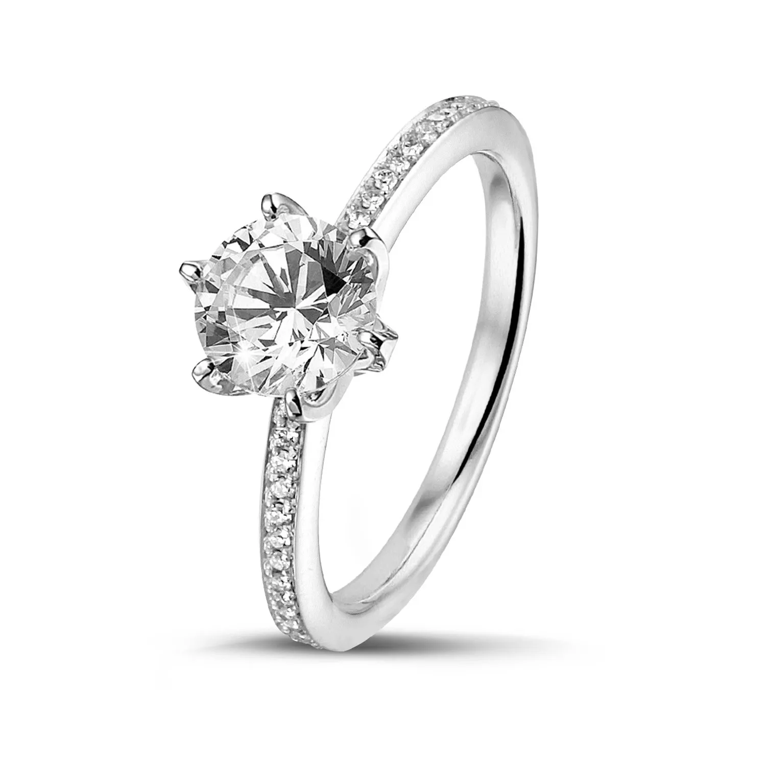 0.90 quilates anillo solitario en oro blanco con diamantes en los lados 