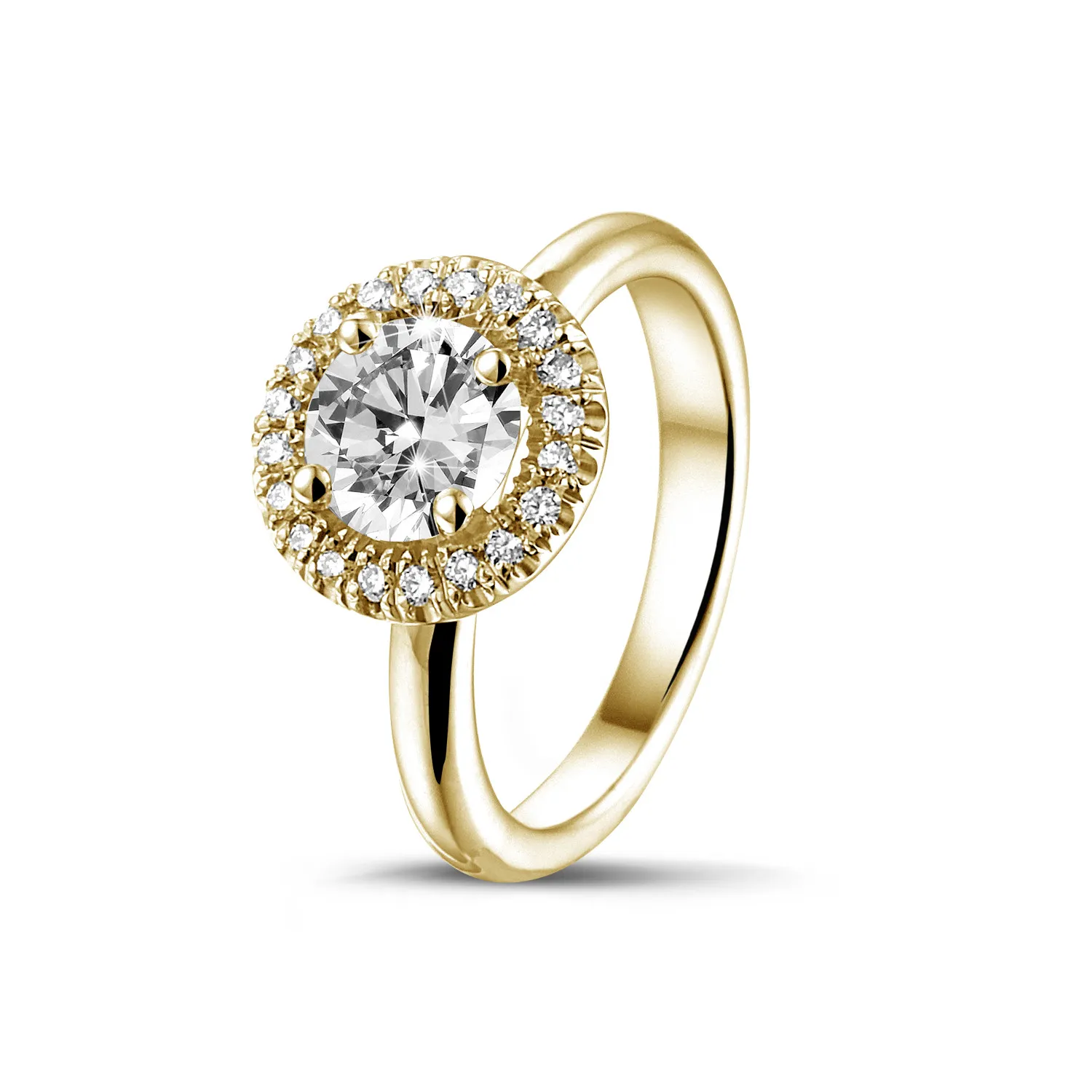 0.90 quilates Halo anillo solitario en oro amarillo con diamantes redondos 