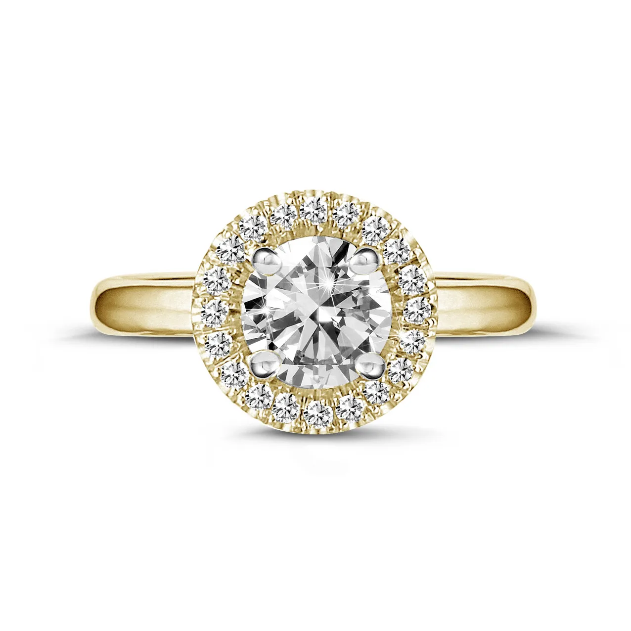 0.90 quilates Halo anillo solitario en oro amarillo con diamantes redondos 