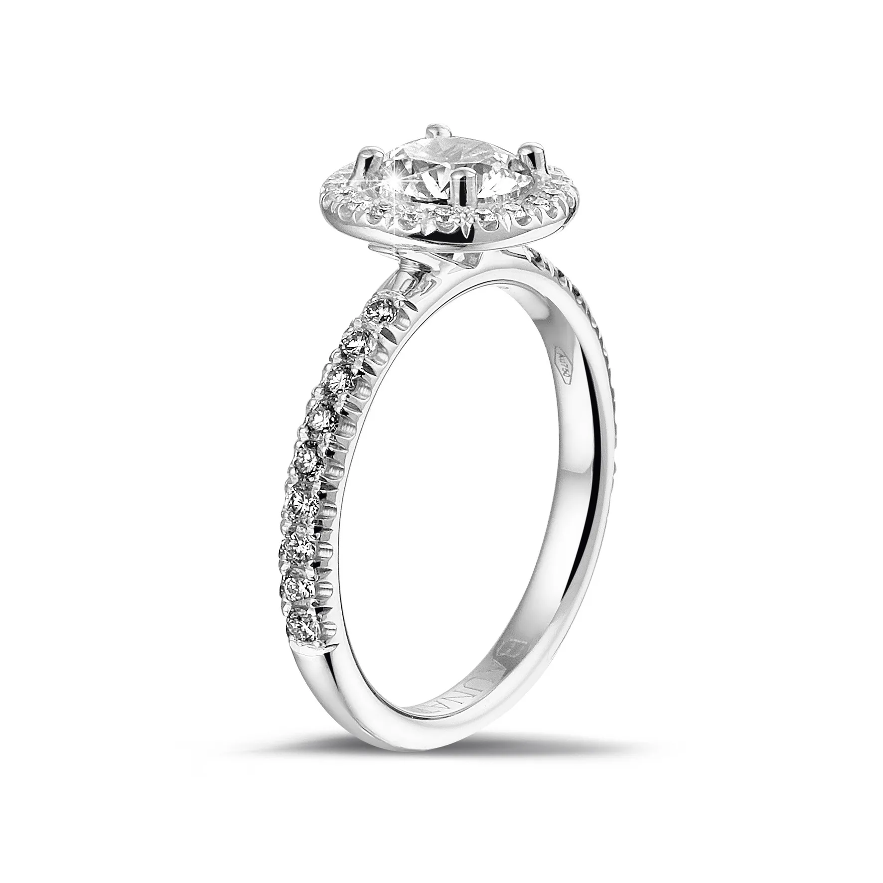 0.90 quilates halo anillo solitario en oro blanco con diamantes redondos 