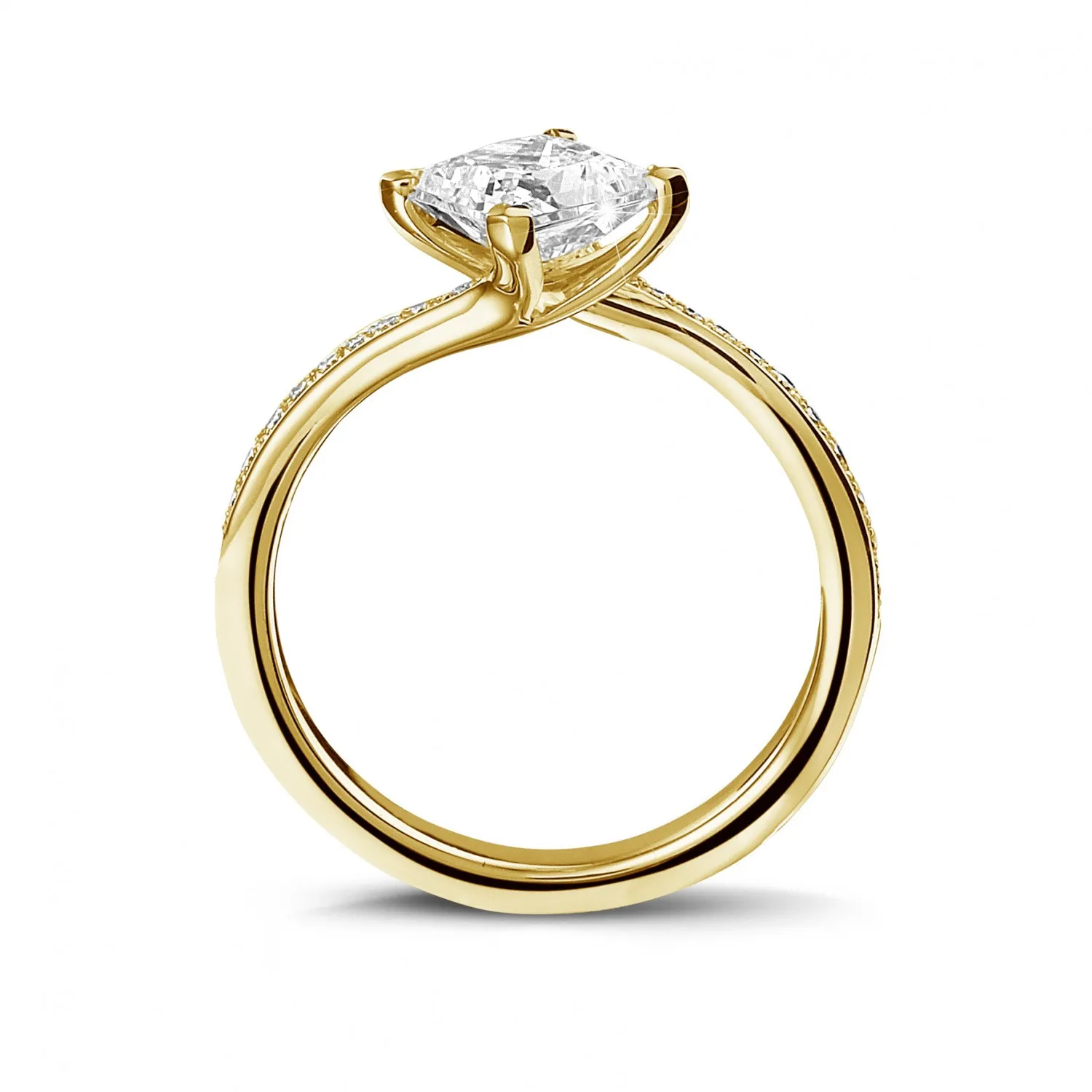 1.00 quilates anillo solitario en oro amarillo con diamante talla princesa y diamantes laterales 