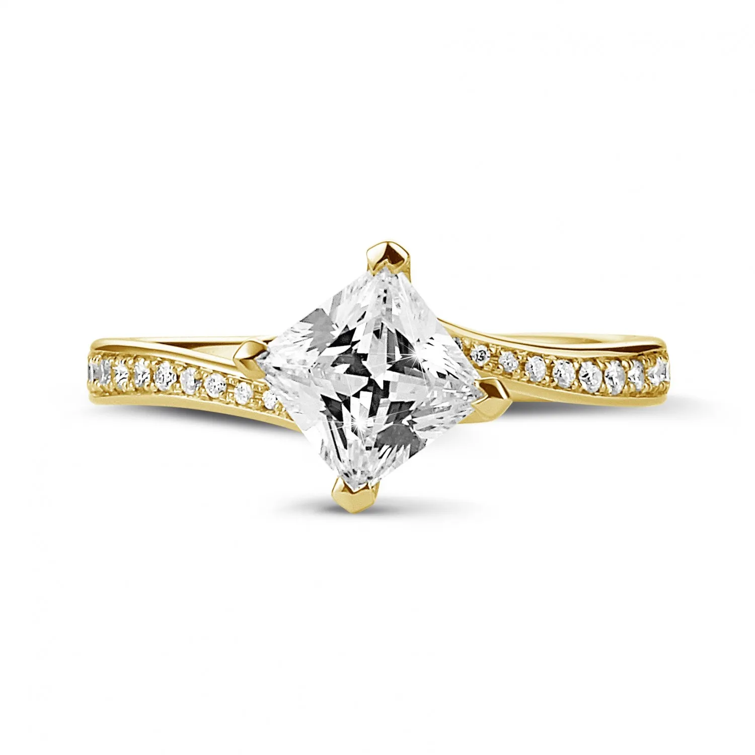 1.00 quilates anillo solitario en oro amarillo con diamante talla princesa y diamantes laterales 
