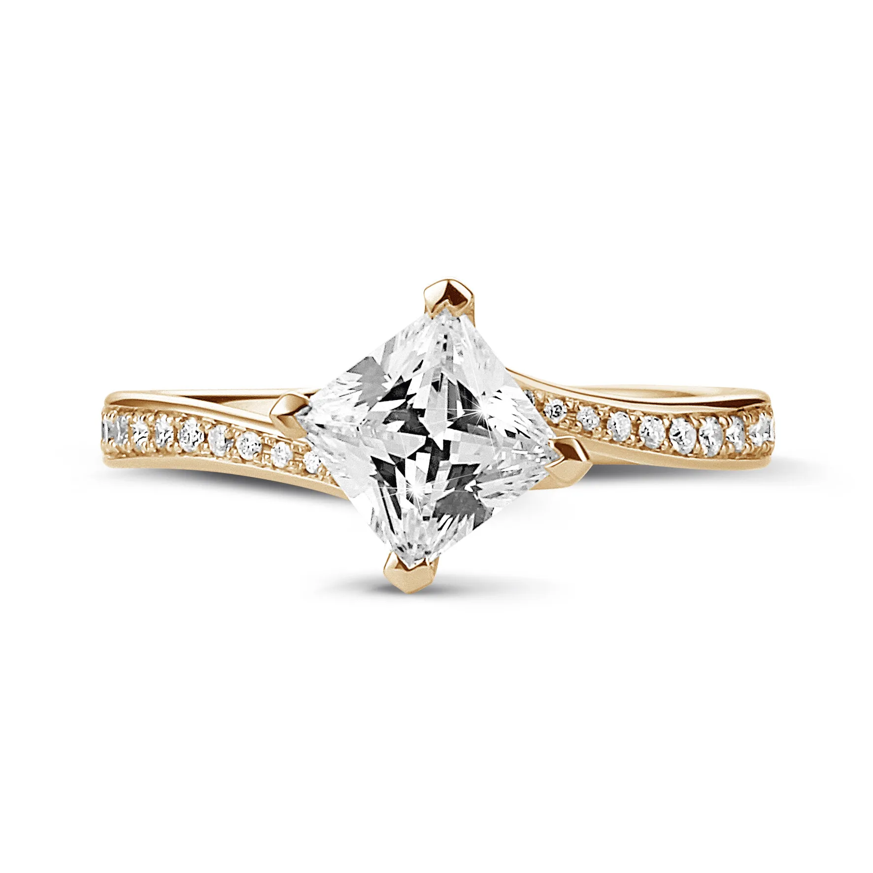 1.50 quilates anillo solitario en oro rojo con diamante talla princesa y diamantes laterales 