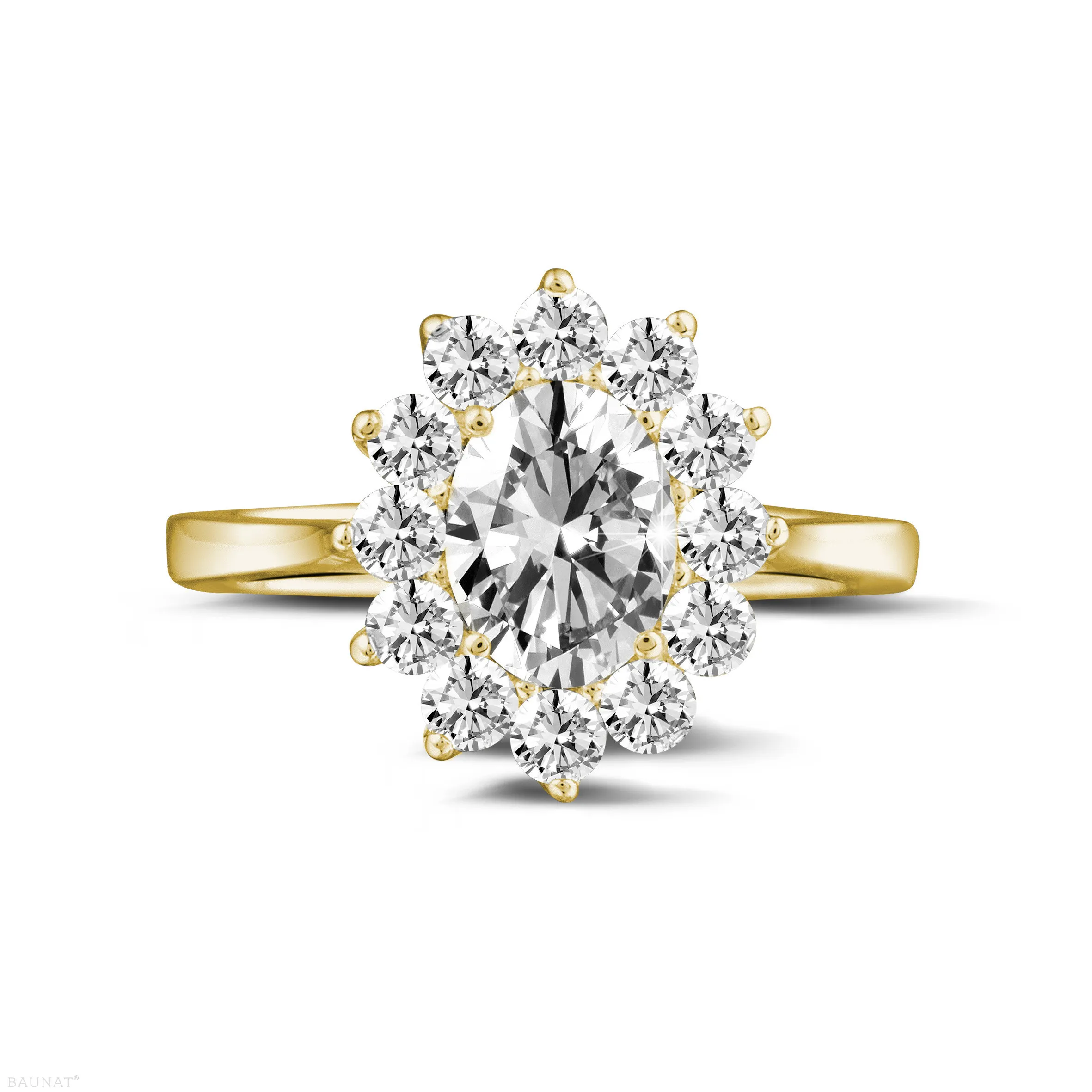 1.85 quilates anillo « entourage » en oro amarillo con diamante ovalado 