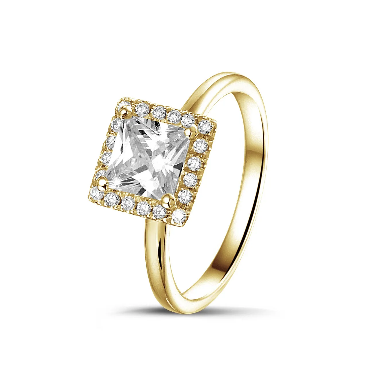 2.00 quilateshalo anillo solitario diamante princesa en oro amarillo con diamantes redondos 