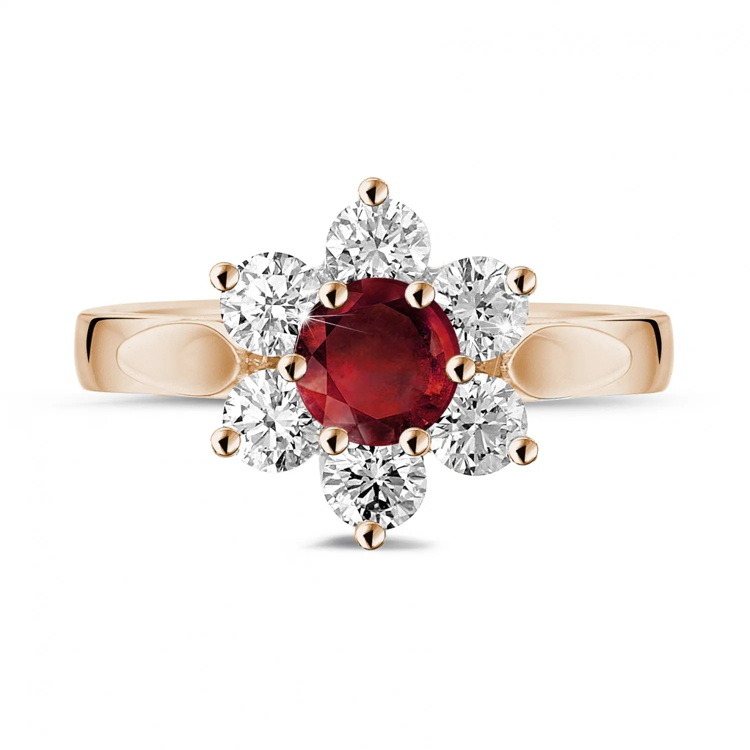 Anillo flor en oro rojo con rubí redondo y diamantes en los lados 