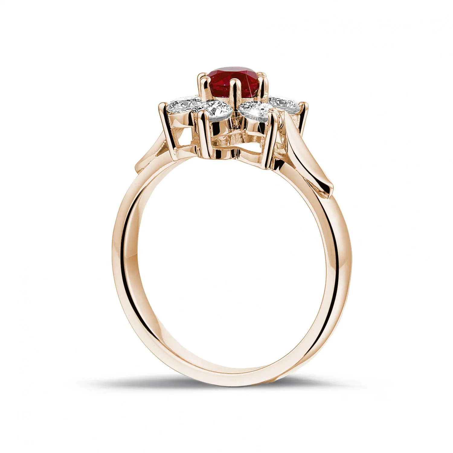 Anillo flor en oro rojo con rubí redondo y diamantes en los lados 
