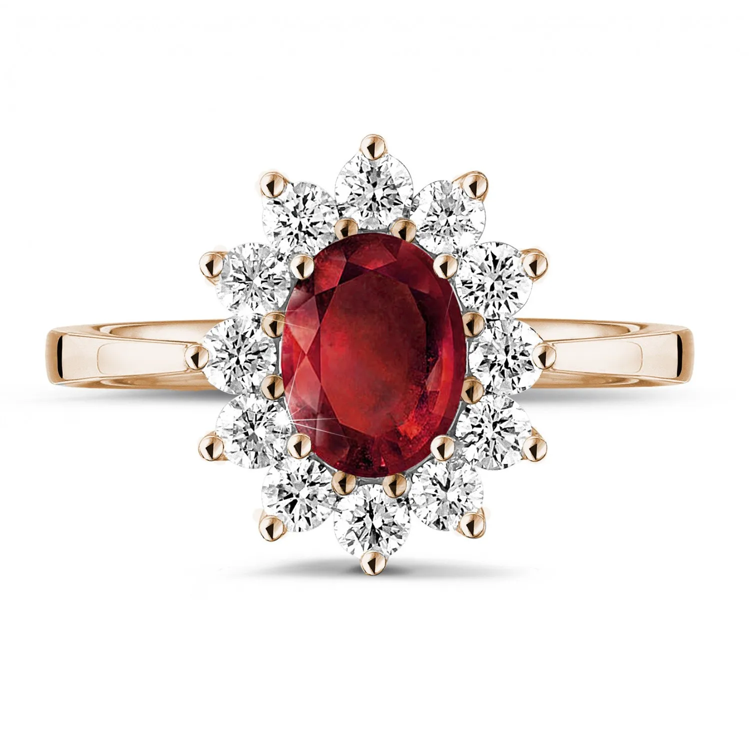 Anillo « entourage » en oro rojo con rubí ovalado y diamantes redondos 
