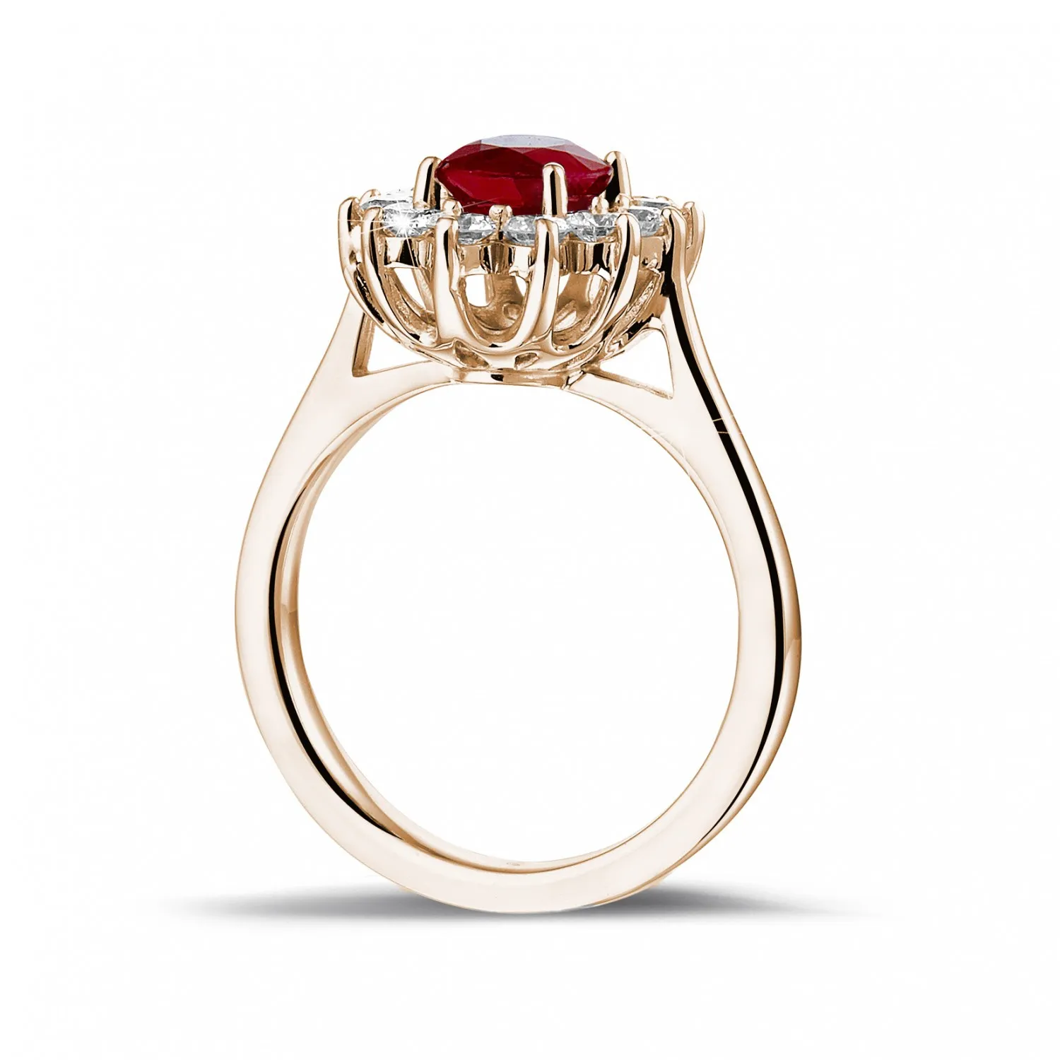 Anillo « entourage » en oro rojo con rubí ovalado y diamantes redondos 