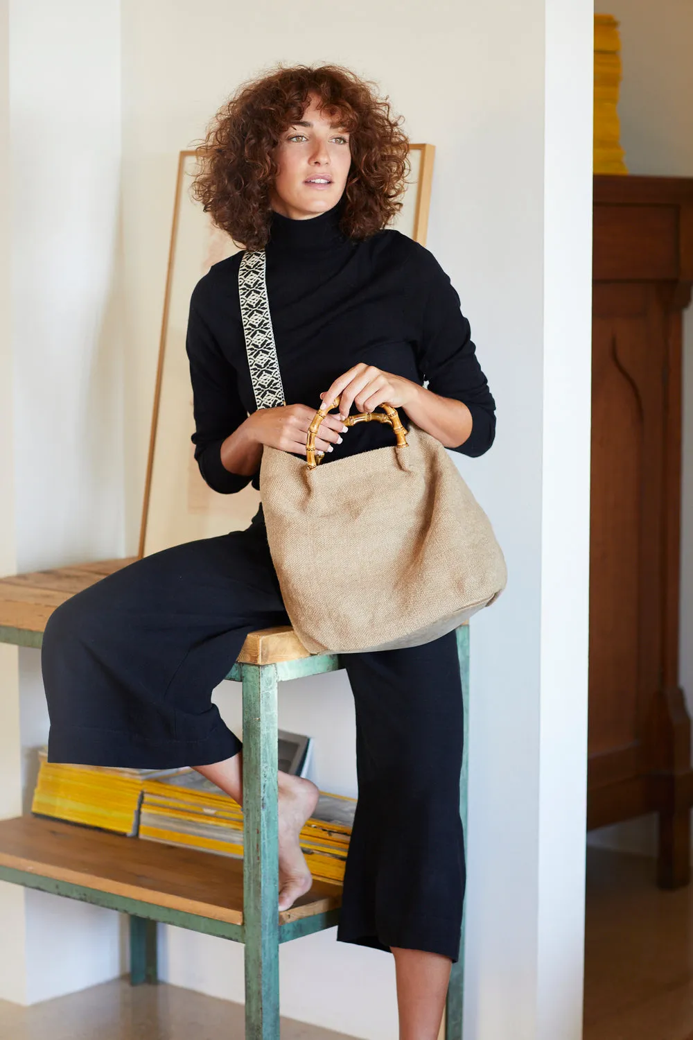 BOLSO DE LINO CON ASA DE BAMBú BAMBOO  BEIGE