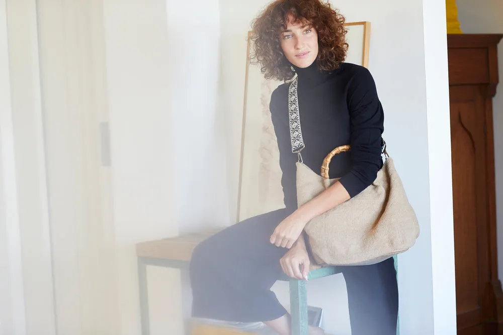 BOLSO DE LINO CON ASA DE BAMBú BAMBOO  BEIGE