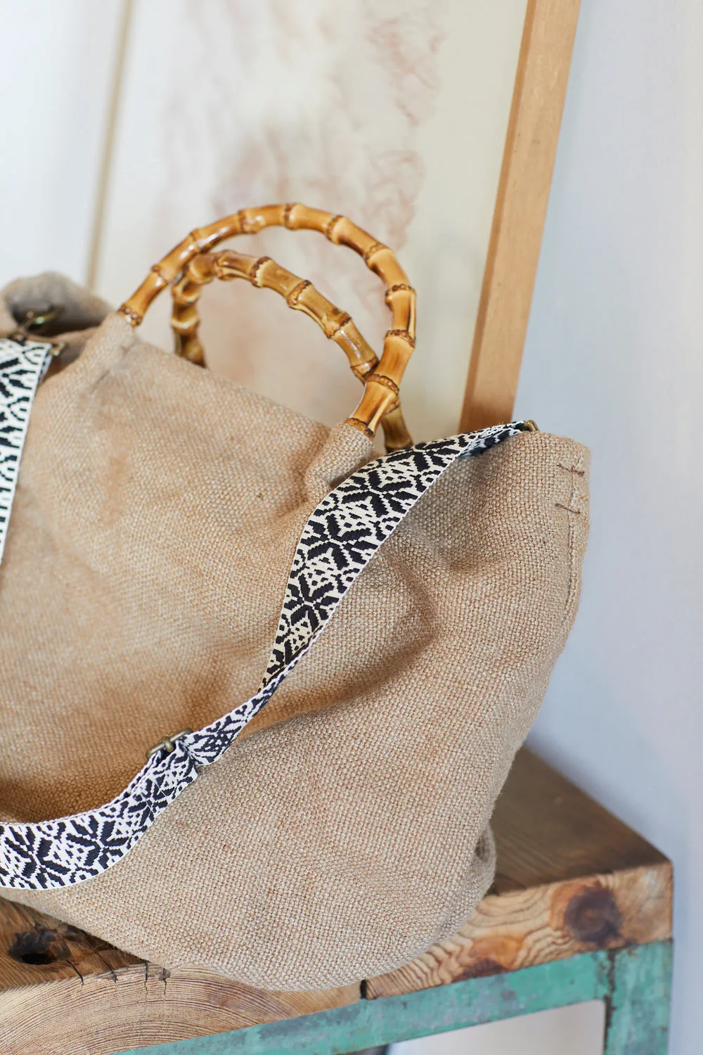 BOLSO DE LINO CON ASA DE BAMBú BAMBOO  BEIGE