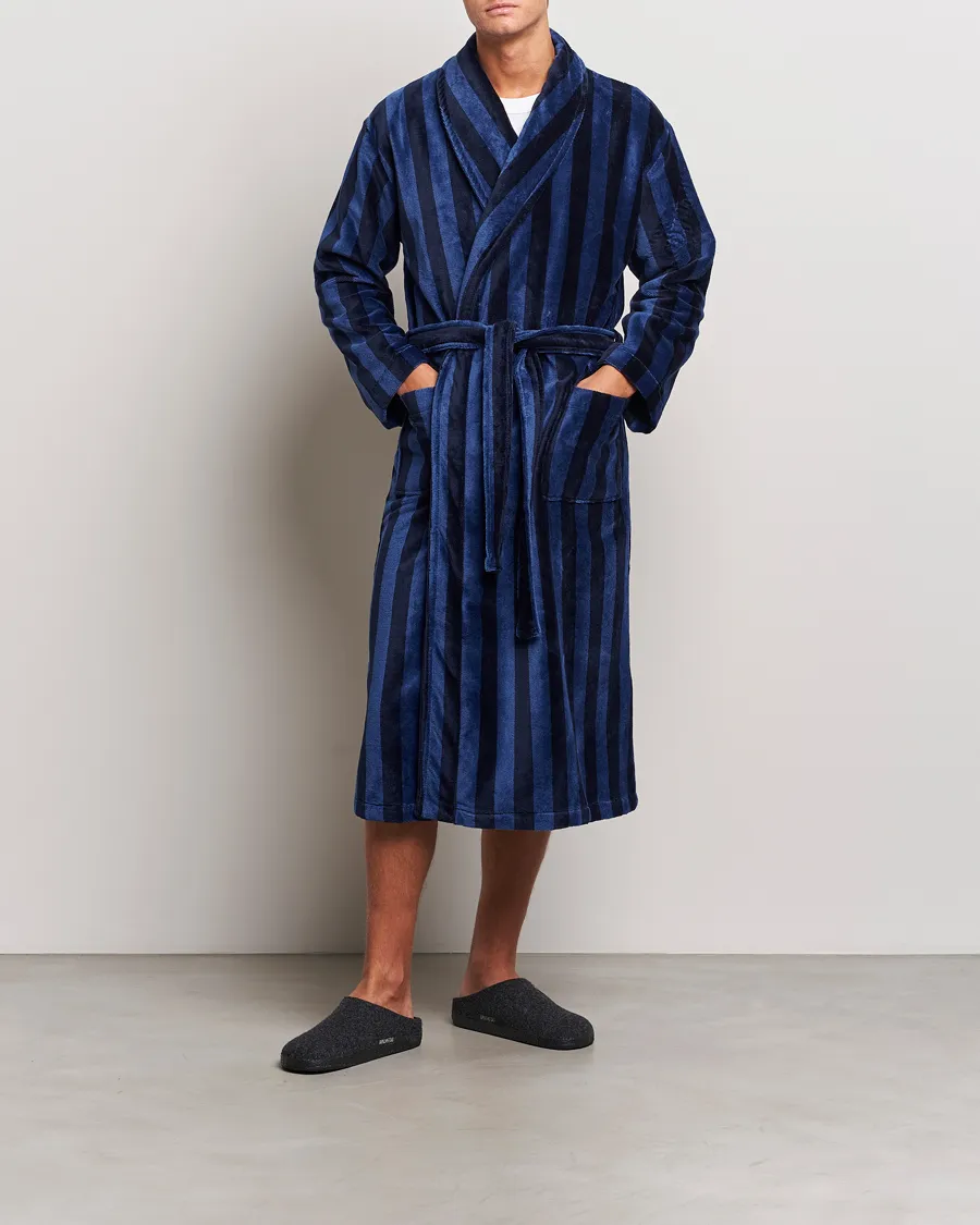 Derek Rose Cotton Velour Striped Gown Navy/Blue