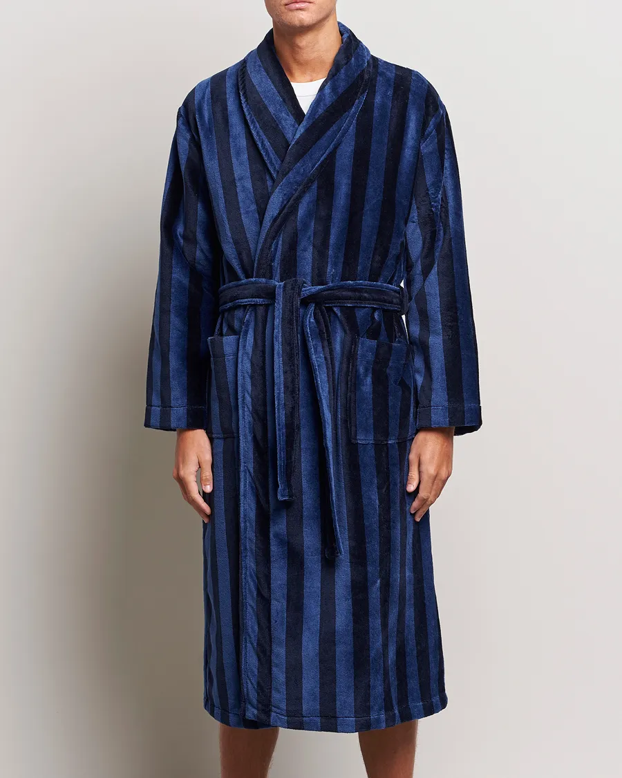 Derek Rose Cotton Velour Striped Gown Navy/Blue