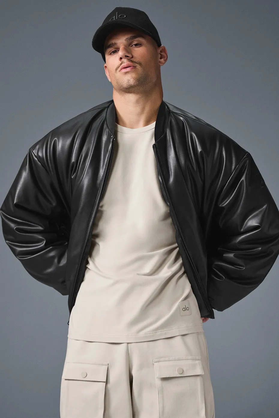 FAUX LEATHER PREMIER BOMBER  BLACK