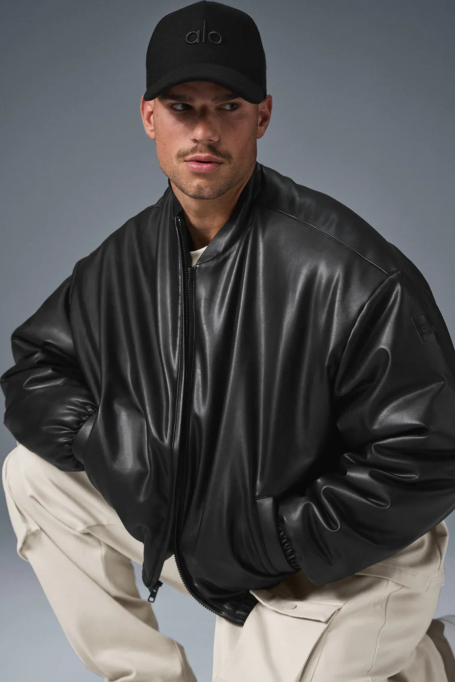 FAUX LEATHER PREMIER BOMBER  BLACK
