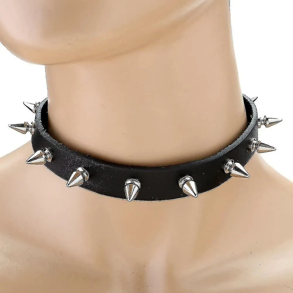 Joyería, Gótico Punk Collar de cuero Choker Spike Rivet Collar Collar Real Leather Choker Negro