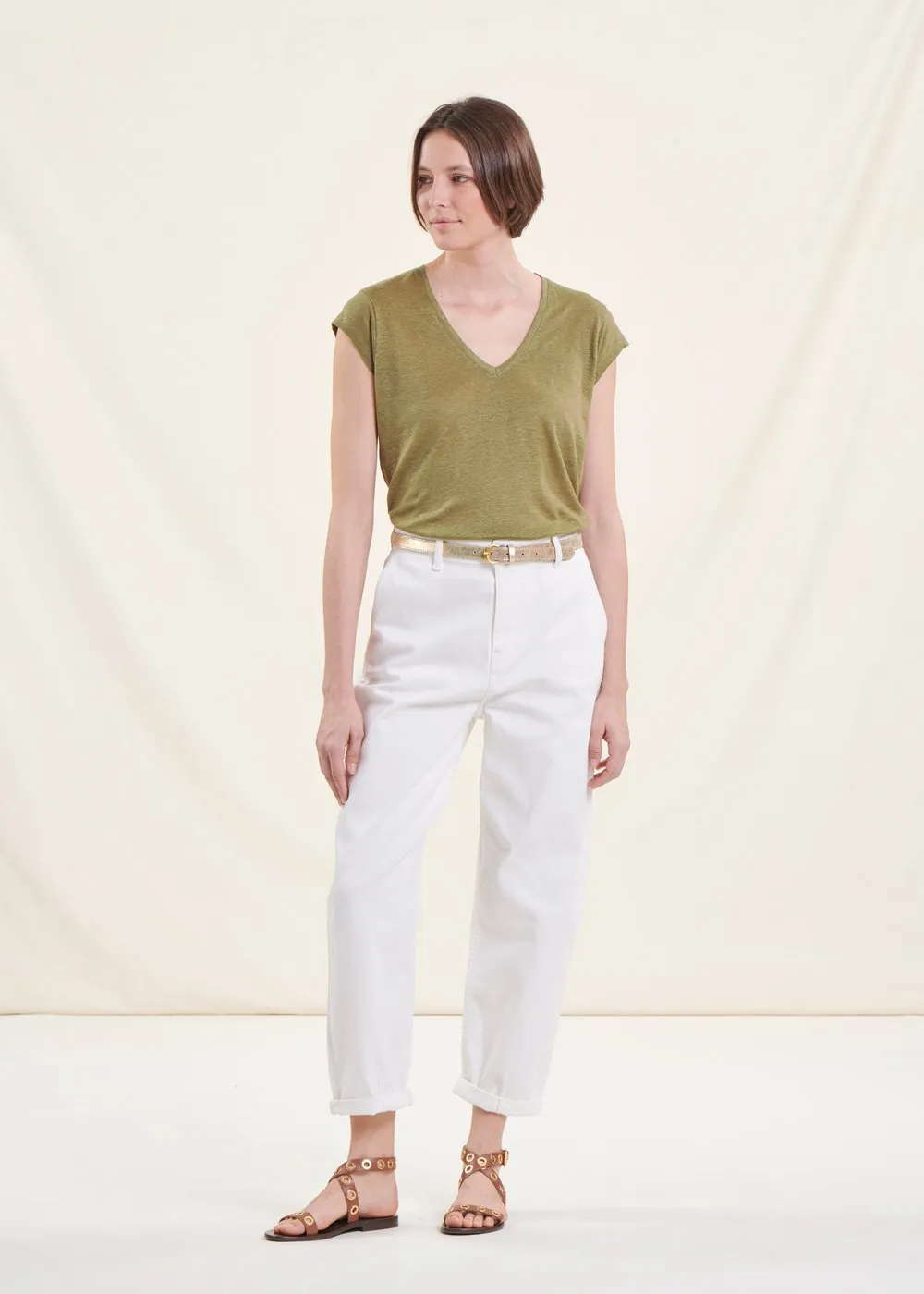 LA FEE MARABOUTEE Camiseta de lino con cuello de pico en verde