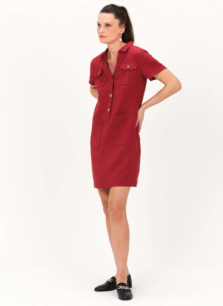 LAUREB  VESTIDO CORTO DE LINO CON CUELLO CLáSICO EN ROJO