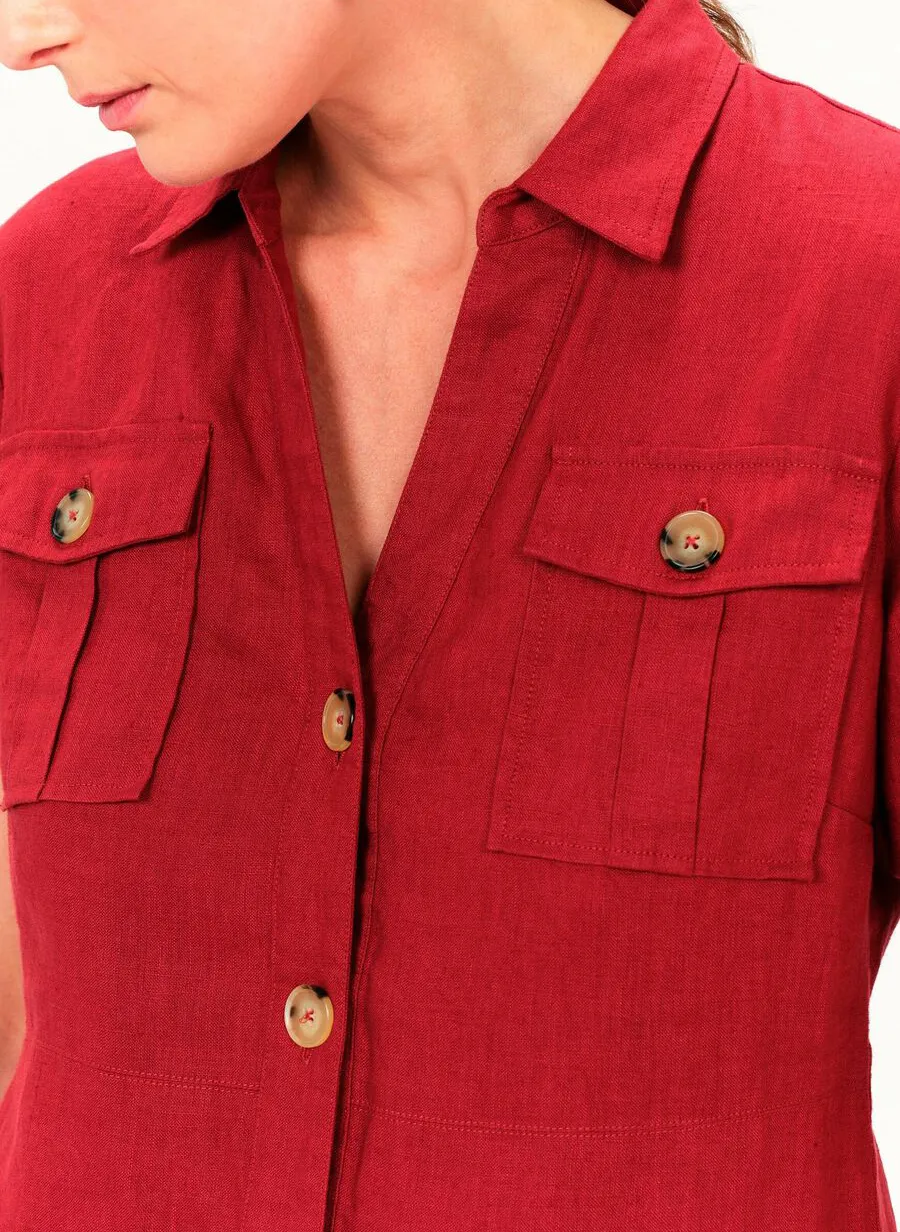 LAUREB  VESTIDO CORTO DE LINO CON CUELLO CLáSICO EN ROJO