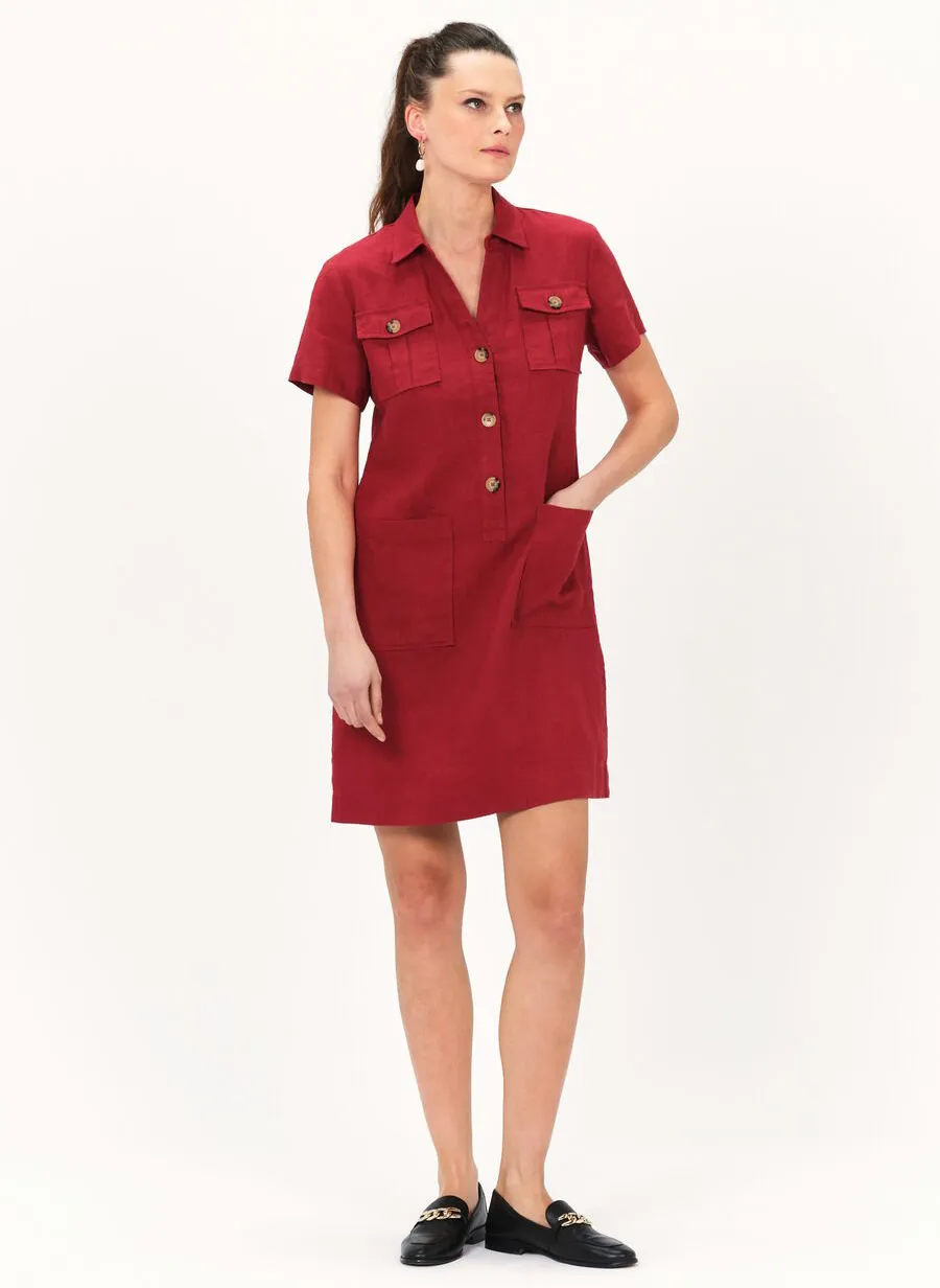 LAUREB  VESTIDO CORTO DE LINO CON CUELLO CLáSICO EN ROJO