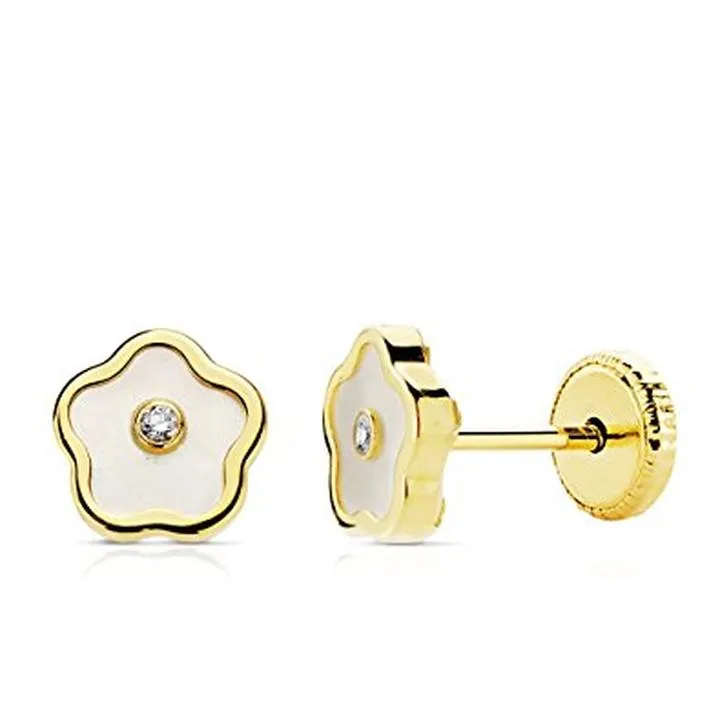 Pendientes Oro Amarillo Flor Nacar