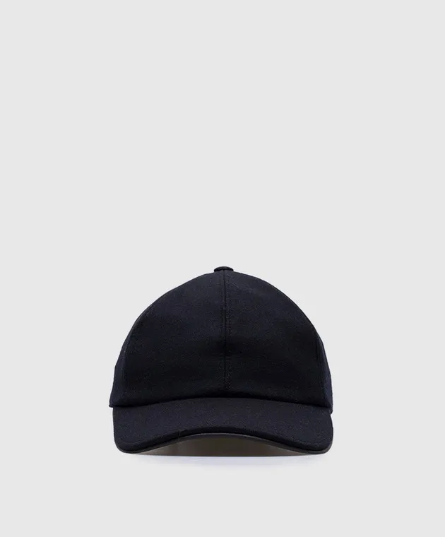 Peserico Blue cashmere cap with leather insert