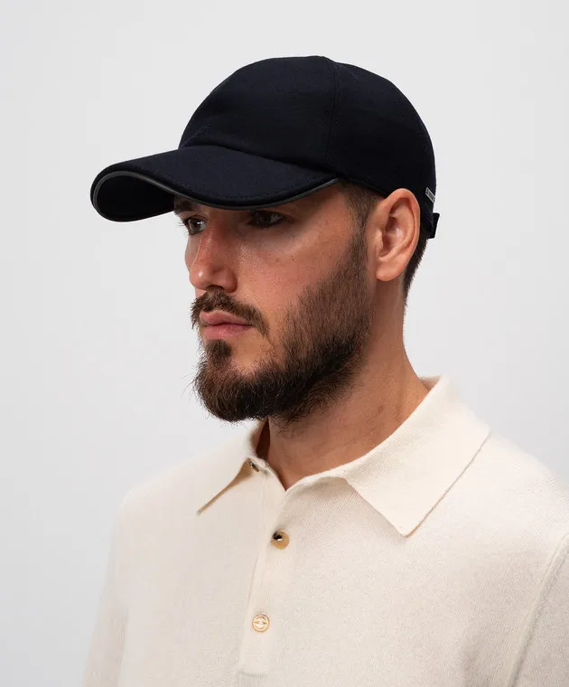 Peserico Blue cashmere cap with leather insert