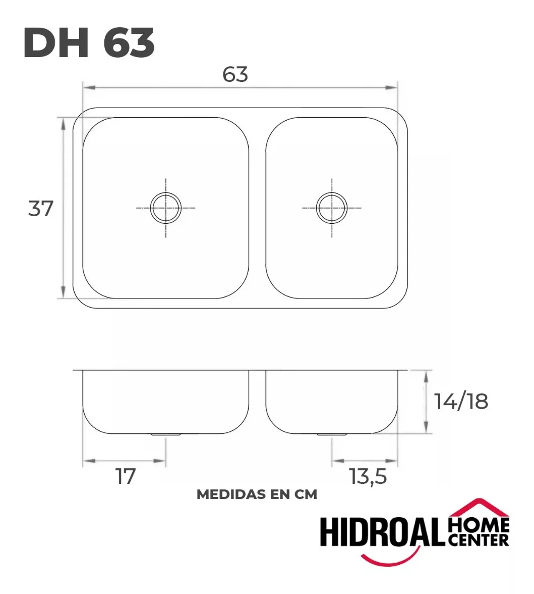Pileta Bacha Acero Dhinox Cocina Doble Inoxidable 63x37x18cm