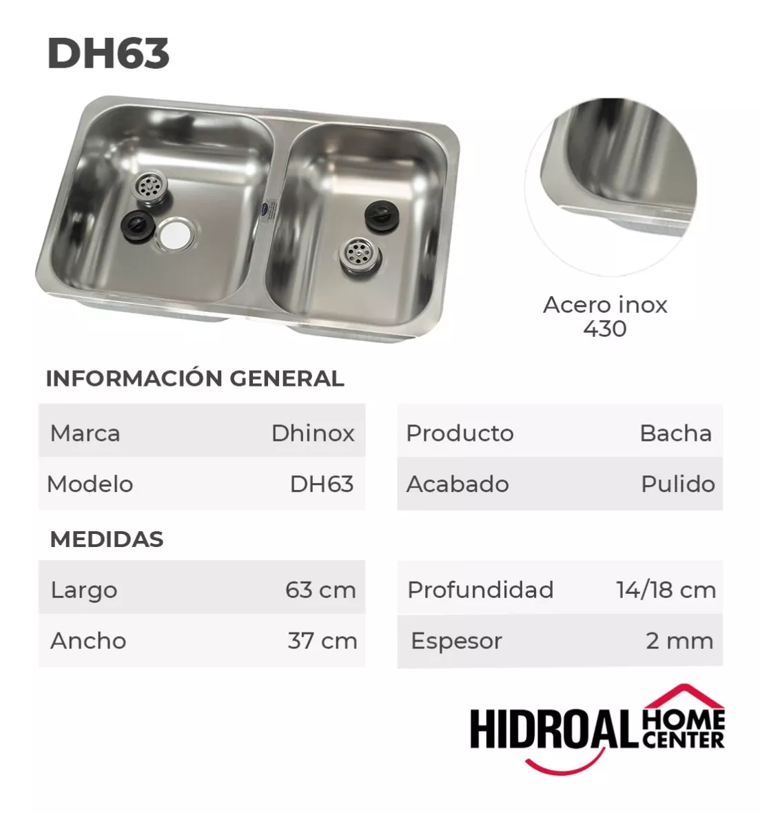 Pileta Bacha Acero Dhinox Cocina Doble Inoxidable 63x37x18cm