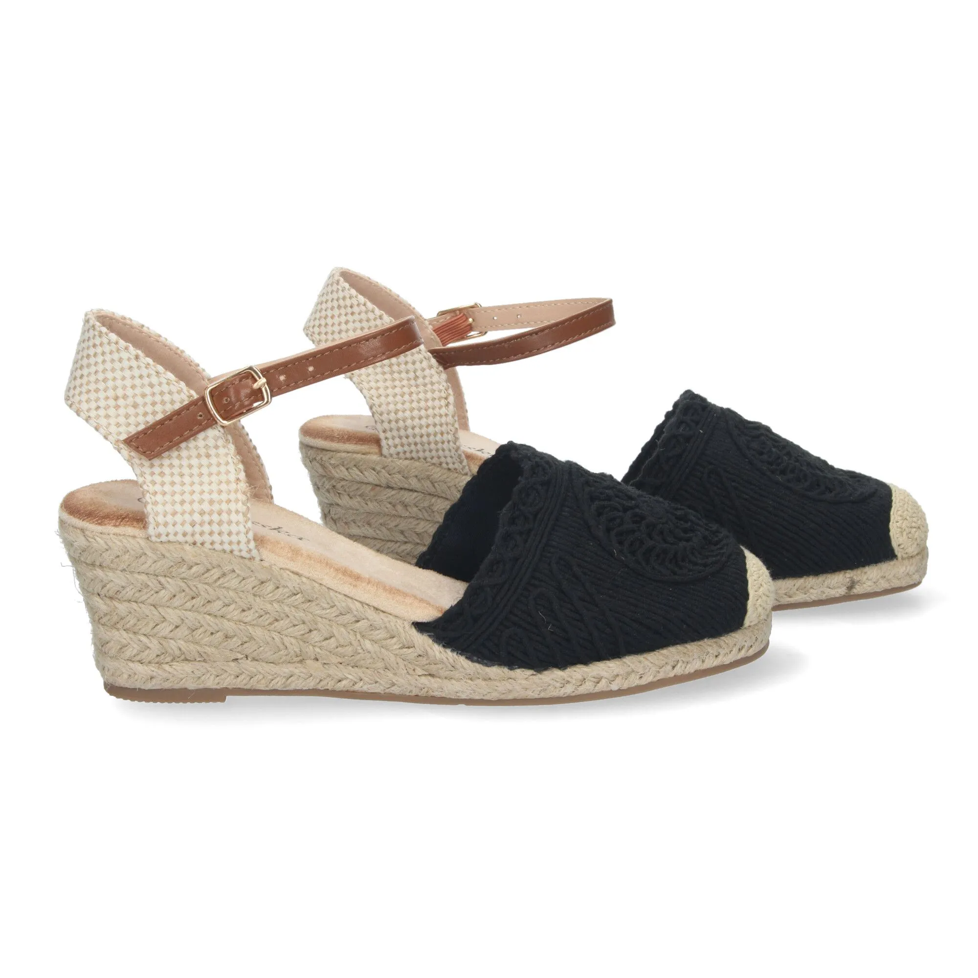 Sandalias de cuña media en yute crochet mujer color negro YJ763