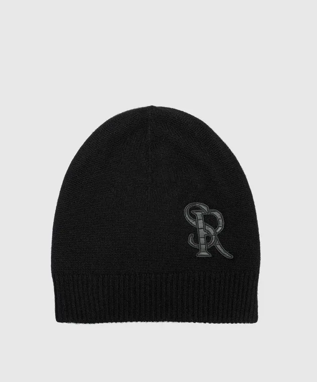 Stefano Ricci Black cashmere cap with crocodile skin monogram