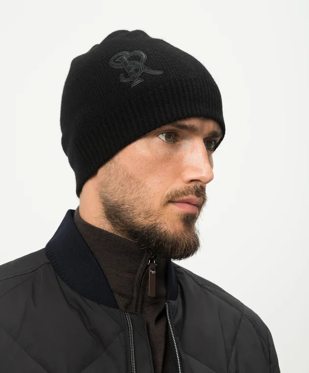 Stefano Ricci Black cashmere cap with crocodile skin monogram