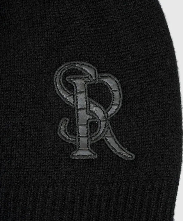 Stefano Ricci Black cashmere cap with crocodile skin monogram