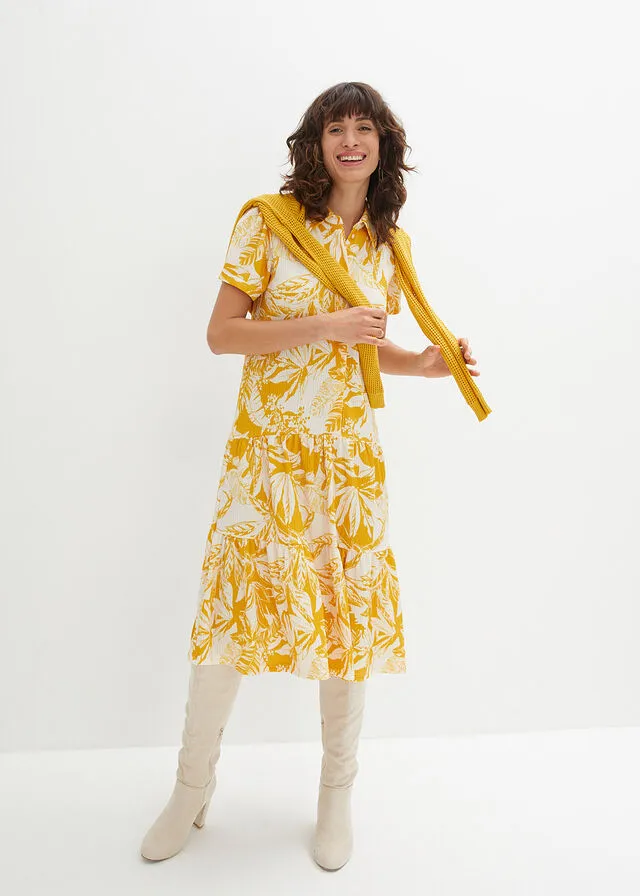 VESTIDO DE ALGODóN ORO OCREBEIGE NATURAL ESTAMPADO