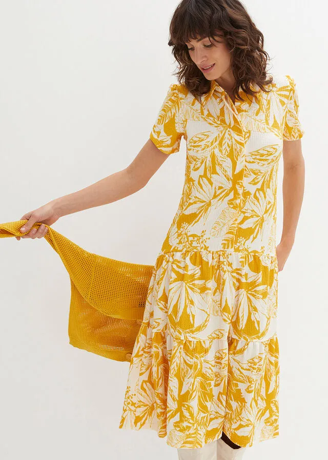 VESTIDO DE ALGODóN ORO OCREBEIGE NATURAL ESTAMPADO