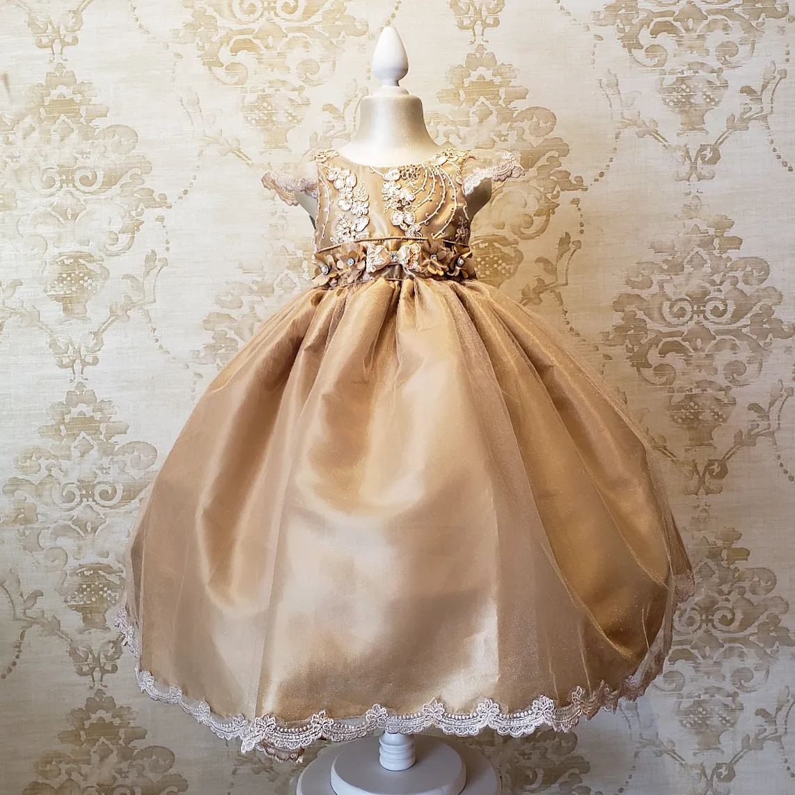 Vestido de Niña Fiesta Oro con Encaje Oro Elegante Talla 2 a 3 años