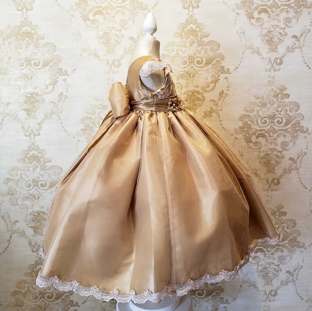 Vestido de Niña Fiesta Oro con Encaje Oro Elegante Talla 2 a 3 años