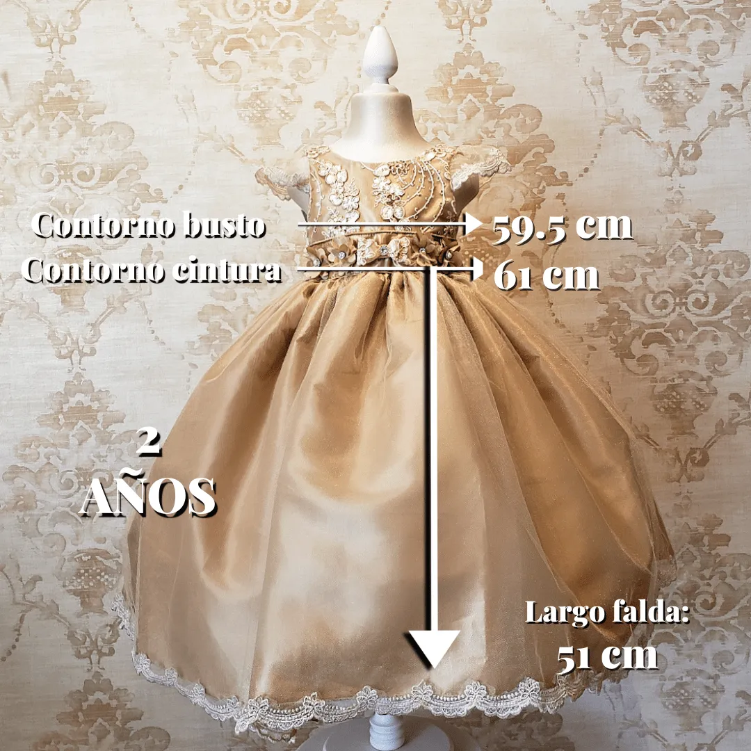Vestido de Niña Fiesta Oro con Encaje Oro Elegante Talla 2 a 3 años