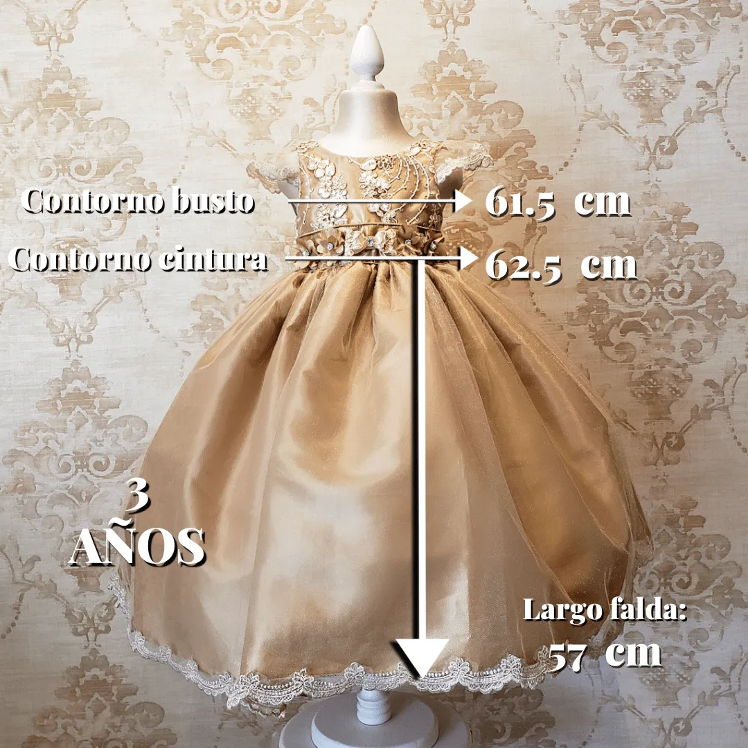 Vestido de Niña Fiesta Oro con Encaje Oro Elegante Talla 2 a 3 años