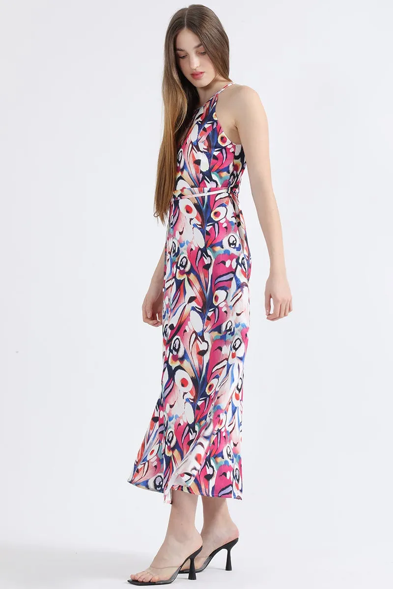 VESTIDO MAXI ESTAMPADO, HALTER, ROSA