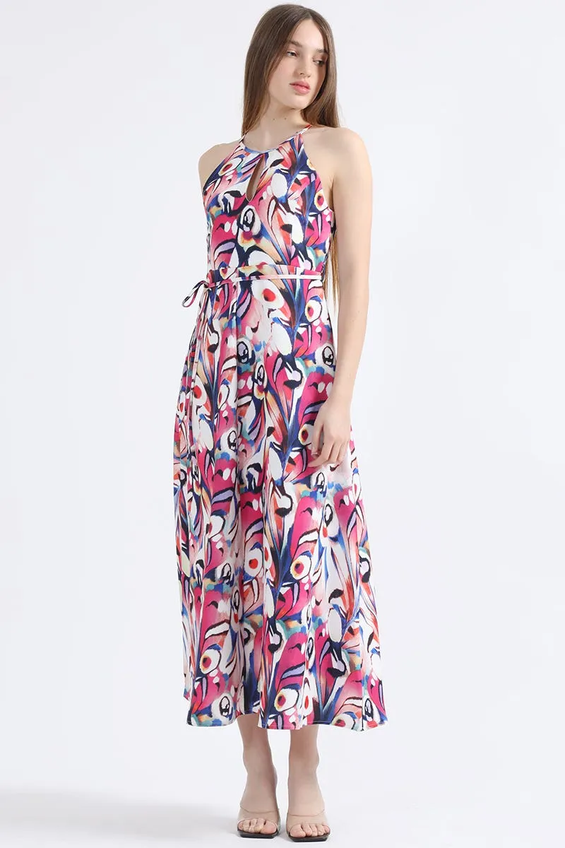 VESTIDO MAXI ESTAMPADO, HALTER, ROSA