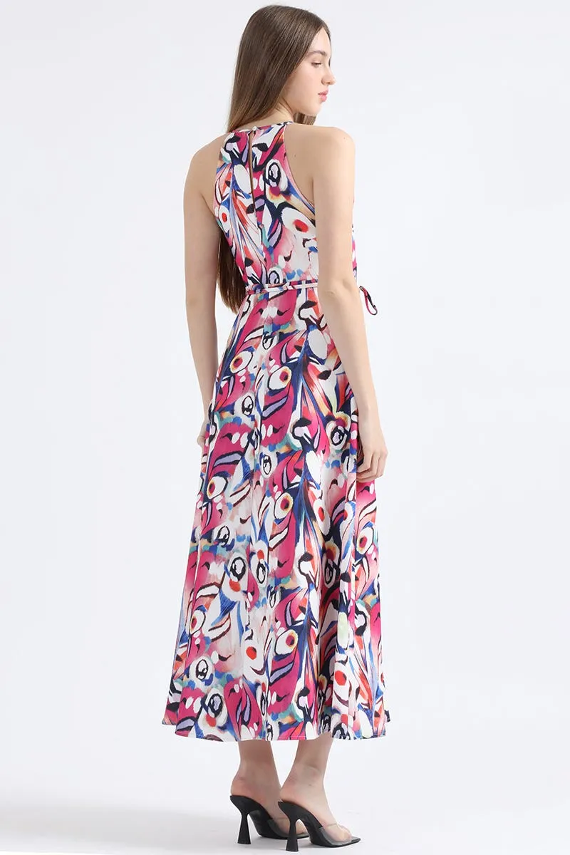 VESTIDO MAXI ESTAMPADO, HALTER, ROSA