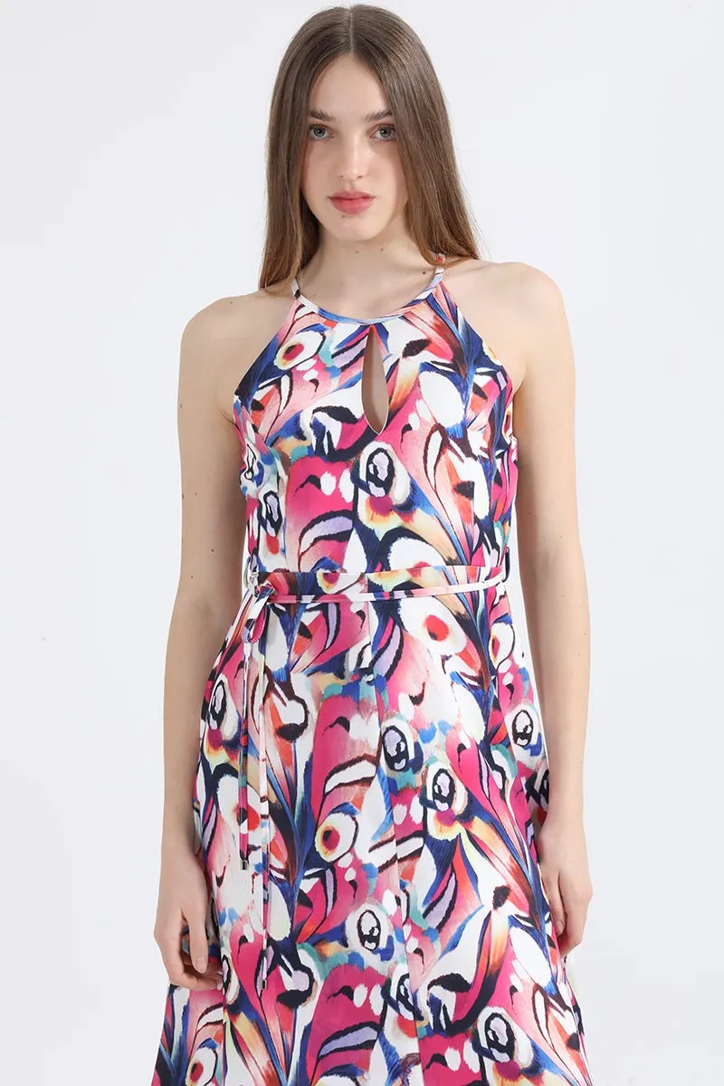 VESTIDO MAXI ESTAMPADO, HALTER, ROSA