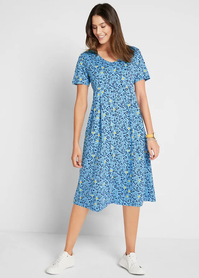 VESTIDO MIDI DE PUNTO EN ALGODóN AZUL DE FLORES AMARILLO