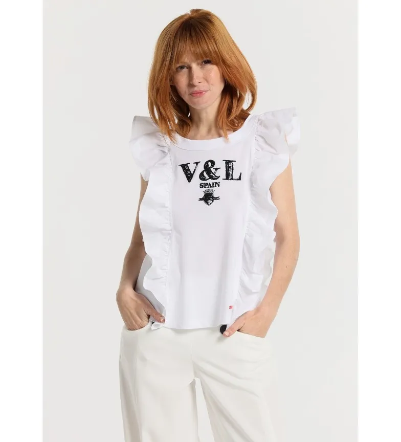VICTORIO & LUCCHINO, V&L TOP CON MANGAS DE VOLANTES BORDADO EN EL PECHO BLANCO