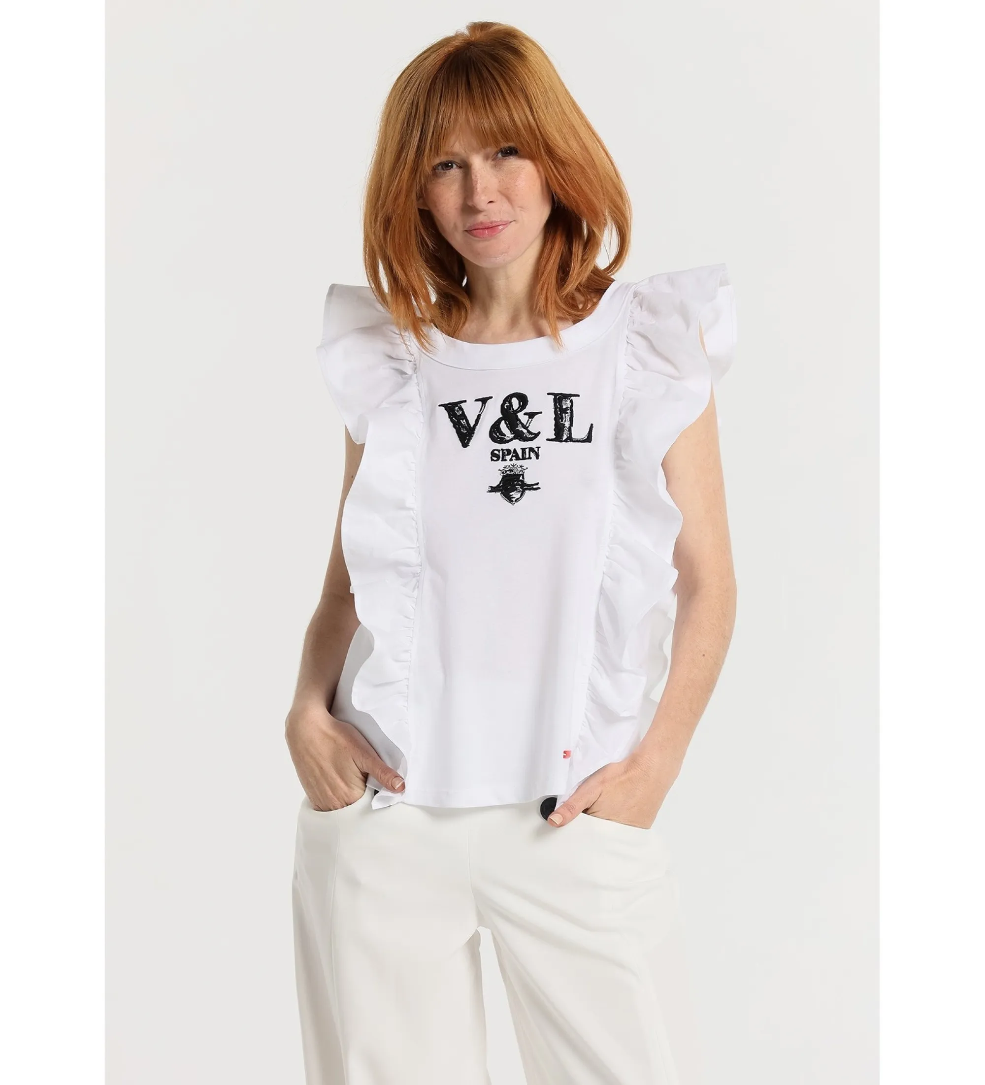 VICTORIO & LUCCHINO, V&L TOP CON MANGAS DE VOLANTES BORDADO EN EL PECHO BLANCO