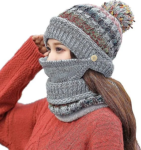 Winter Beanie Hat Scarf And Mask Set Thick Warmth Knitted Wool Lined Skull Hat Scarf Mask