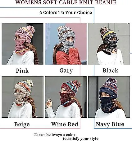 Winter Beanie Hat Scarf And Mask Set Thick Warmth Knitted Wool Lined Skull Hat Scarf Mask